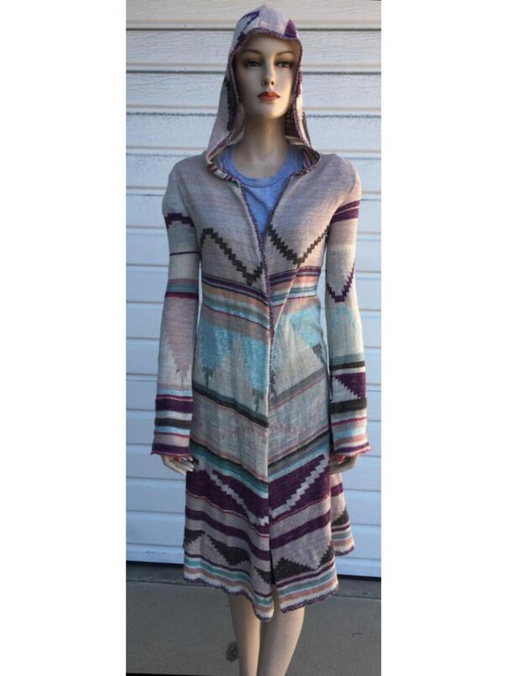 Free People Duster Cardigan Sweater Small Hooded Lima Aztec Print Bohemia sz S/P